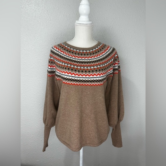 Charter Club Fair Isle Balloon-Sleeve Cashmere Sweater Heather Carmel Medium - Picture 3 of 11